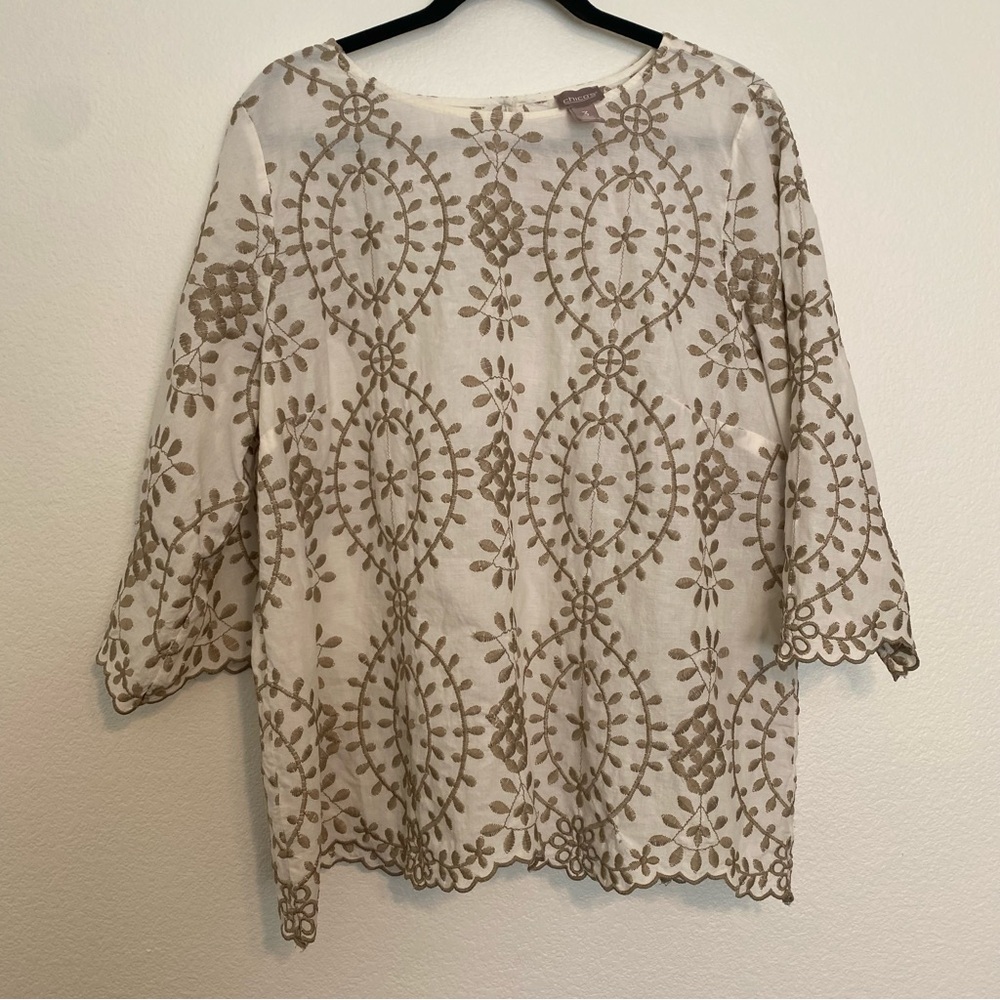 Chico's White Brown Embroidered Boxy Tunic Blouse Size 3 (XL) GUC